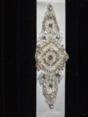 Kitty Chen Style 13 Crystal & Pearl Bridal Sash Applique - Silver and White